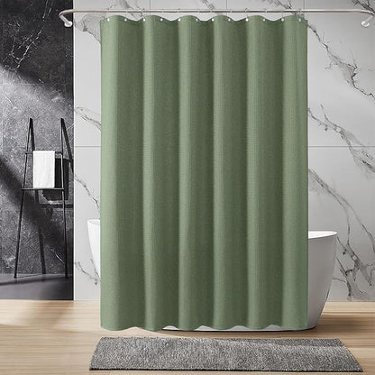 Inhousolu Fabric Shower Curtain Waffle Weave, Sage Green 230 GSM Heavy Duty, Weighted Hem, 14 Metal Hooks, Water Repellent, Machine Washable, Hotel Spa Luxury Bath Curtain Set, 72 x 84 Inch