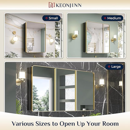 Keonjinn Gold Bathroom Medicine Cabinet with Mirror 16 x 24 Inch, Small Brushed Brass Medicine Cabinet, Stainless Steel Framed, Adjustable Shelves, Rounded Rectangular, Recessed or Surface Mount