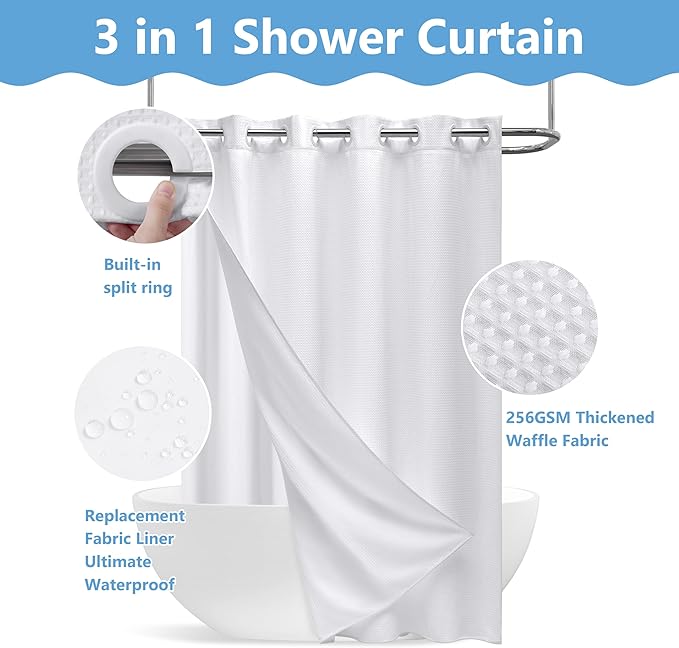 No Hook Waffle Weave Shower Curtain with Snap-in Fabric Liner,256GSM Heavy Duty Fabric Shower Curtain Set,White Waterproof Washable Luxury Shower Curtain for Bathroom Stall (72x75 Inch)