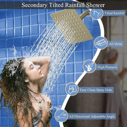 Shower Faucet Set Brushed Gold Shower System, Knob Switch Diverter Shower Faucet with High Pressure Handheld Spray, Ceiling Mount 10 Inch Shower Head with 6 Inch Wall Mount Shower Head