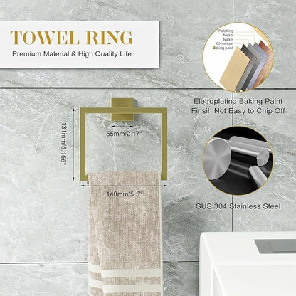 16 in Matte Bathroom Accessories Set, Bath Towel Bar Set, Stainless Steel Bathroom Hardware Set, Towel Racks for Bathroom Wall Mounted 5 Pcs （Golden）