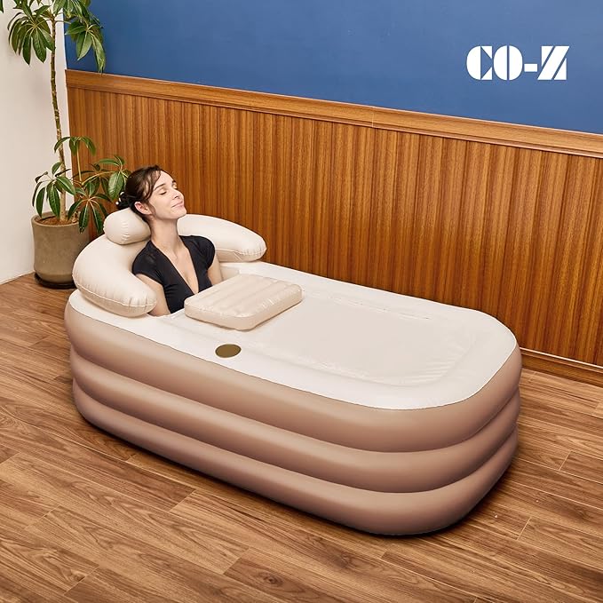 CO-Z Inflatable Bathtub with Electric Air Pump and Bath Pillow Headrest, Portable Blow Up Bath Tub for Adults, Outdoor & Indoor Freestanding Foldable Spa Tub with Cover Drainage Cup Holder,Brown
