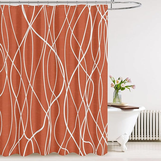 Tititex Morden 140gms Faux Linen Fabric Bath Shower Curtain Set Textured Fabric with Caramel White Curve Pattern 72x72 Inch Water Resistant Bathroom Curtains, Weighted Hem & Hooksfor Hotel/Home