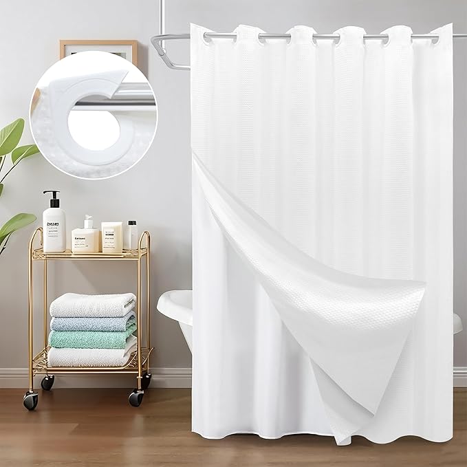 Inhousolu No Hook Waffle Weave Shower Curtain with Removable Snap in Fabric Liner Set for Bathroom, 230 GSM Heavy Duty, Water Repellent Washable Bath Curtains (White, 72" W x 78" L(Pack of 1))