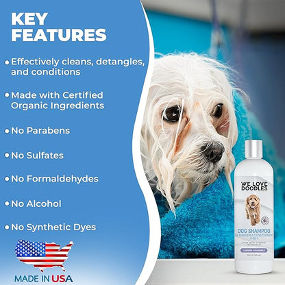 We Love Doodles 2 PACK Pet Rubber Bath Brush and Dog Shampoo (Bundle) - for Shower Scrubbing & Soothing Massage and Organic Dog Shampoo, Conditioner & Detangler - Made in The USA