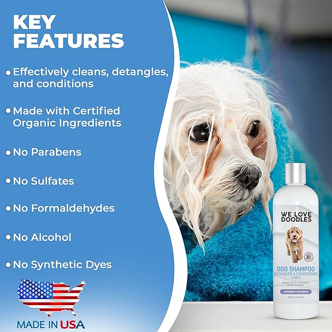 We Love Doodles Pet Rubber Bath Brush and Dog Shampoo (Bundle) - For Shower Scrubbing & Soothing Massage and Organic Dog Shampoo, Conditioner & Detangler - Made in the USA