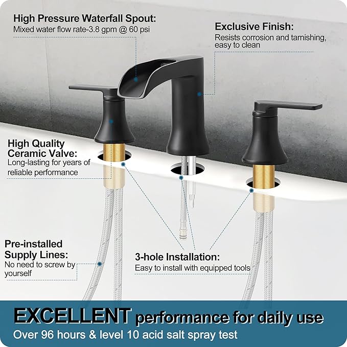 Solid Brass Waterfall Bathtub Faucets Set, 3 Hole Matte Black Tub Faucet 2 Handle, High Flow Roman Tub Faucets Widespread 6-16 Inch Deck Mount