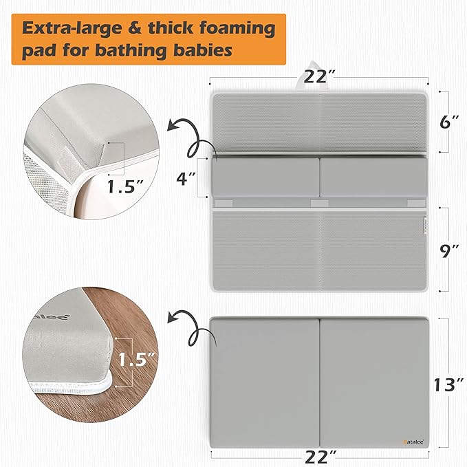 Premium Bath Kneeler, Baby Bath Kneeler and Elbow Rest Pad Set, Kneeling Pad for Bathing Baby, Knee Pads for Bathing Babies, Large Knee Pads (22 Inch × 13 Inch) with 4 Mesh Pockets (Large, Gray)