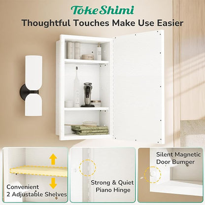TokeShimi 21x27 Recessed Medicine Cabinet with Mirror, White Bathroom Medicine Cabinet with Mirror, Bathroom Beveled Mirror with Storage, Aluminum Frame, Stepless Adjustable Shelves