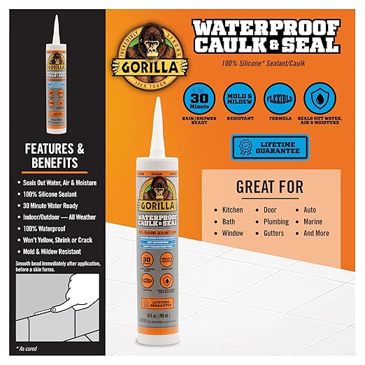 Gorilla Waterproof Caulk & Seal Silicone Sealant, 10Oz Cartridge (Pack of 2) - Clear Caulking Sealant for Kitchen, Window, Bath, Marine, Door and More