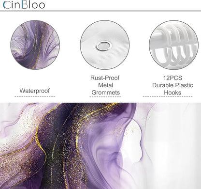 Cinbloo Purple Shower Curtain 60Wx72H Abstract Marble Ombre Gold Bathroom Decor for Women Modern Elegant Ink Texture Minimalist Chic Aesthetic Artistic Neutral Bath Curtain Fabric with 12 Hooks