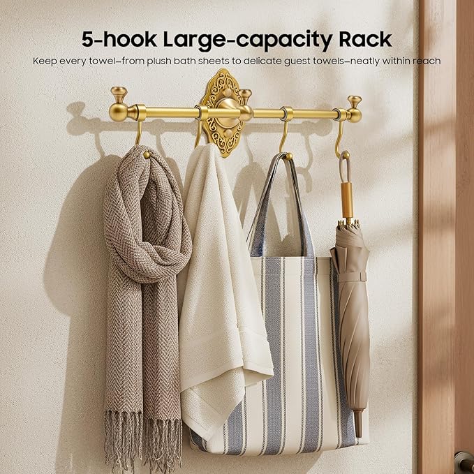 TFCFL Wall Mounted Towel Rack with 4 Hooks, Vintage Gold Brass Bathroom Organizer 14.17", H59 Brass for Bathroom & Kitchen