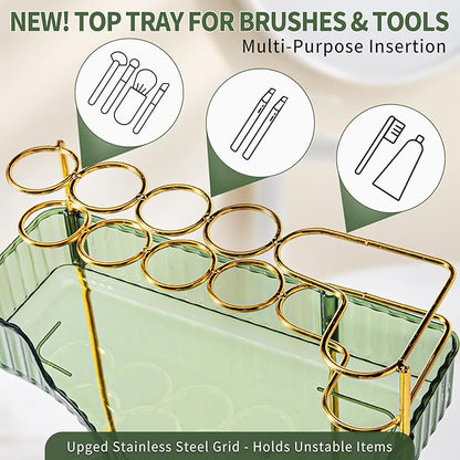Upgraded 3-Tier Corner Bathroom Countertop Organizer – Spacious Storage for Makeup, Skincare & Perfumes, Built-in Brush Holder Fits Vanity/Dresser/Bsthtub (Sage Green)