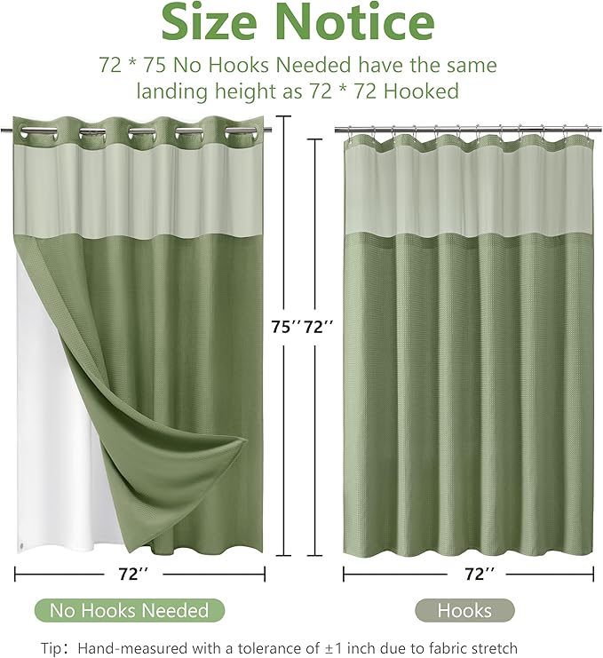 No Hook Waffle Weave Shower Curtain Set with Snap-in Fabric Liner and Mesh Top Window,256GSM Heavy Duty Fabric,Green Washable Luxury Shower Curtain for Bathroom Stalls (72x75 Inch)