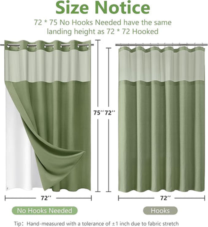 No Hook Waffle Weave Shower Curtain Set with Snap-in Fabric Liner and Mesh Top Window,256GSM Heavy Duty Fabric,Green Washable Luxury Shower Curtain for Bathroom Stalls (72x75 Inch)