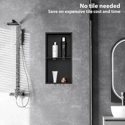 Stainless Steel Shower Niche 24" X 12", No Tile Needed Wall Niche Double Shelves, Recessed Shower Shelf for Bathroom Storage, Matte Black