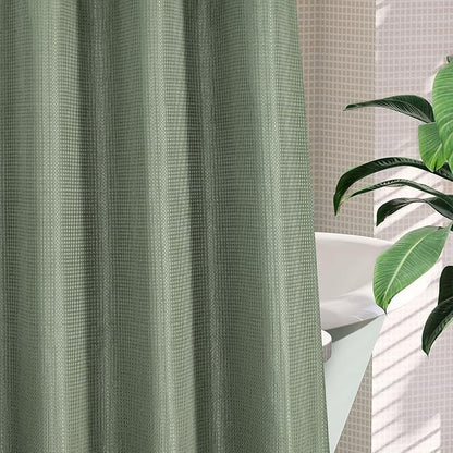 MitoVilla Sage Green Waffle Long Shower Curtain Liner Set 72 x 80, No Hooks Required 80 inch Long Fabric Cloth Shower Curtain Set with Cloth Snap-in Liner for Modern Hotel Bathroom Decor