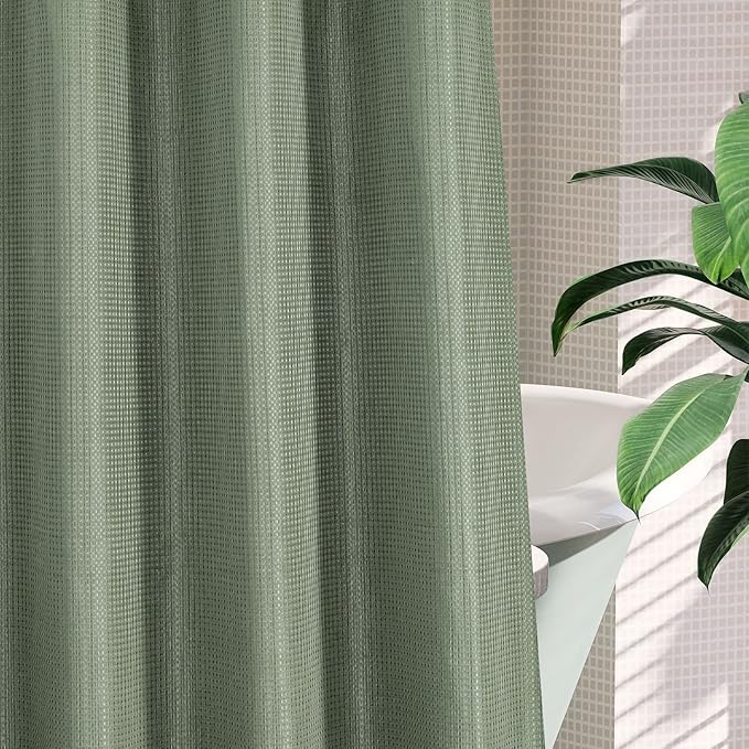 MitoVilla No Hooks Needed Small Stall Shower Curtain Liner Set 36 x 74, Sage Green Waffle Half Size Narrow Waffle Weave Fabric Shower Curtain Set with Snap-in Liner for Modern Spa-Like Bathroom Decor