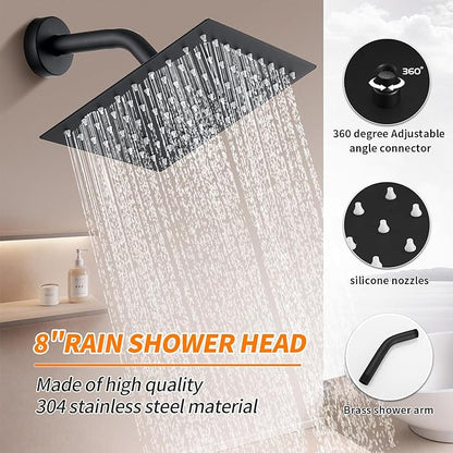 Black Shower Faucet Single Function Trim Kit with Rough-in Valve Set Bath Rainfall Shower System 8inch Square Stainless Steel Metal Shower Head