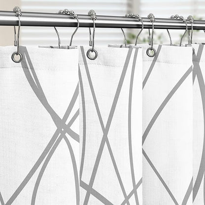 Tititex Morden 140gms Faux Linen Fabric Bath Shower Curtain Set Textured Fabric with White Gray Curve Pattern 72x72 Inch Water Resistant Bathroom Curtains, Weighted Hem & Hooks for Home/Hotel