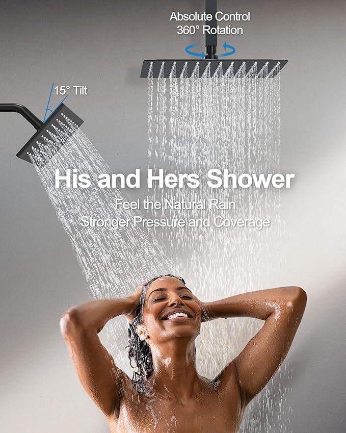 Thermostatic Shower System, Dual Rainfall Shower Heads for Ceilling & Wall Mounted with Handheld Sprayer, Matte Black