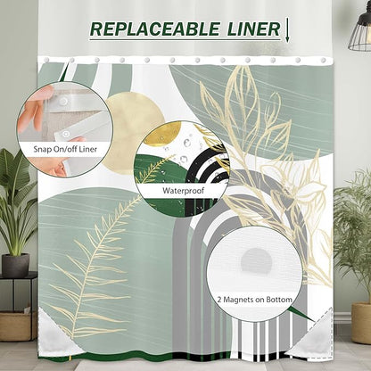Olive Green Bohemian See Through Mesh Top Shower Curtain with Window, Emerald Green Mid Century Modern Double Layer Shower Curtains with Snap in Liner, Waterproof Fabric with Hooks, 71x 72 in
