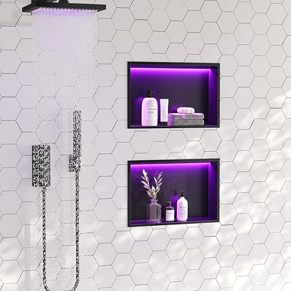 RGB LED Light Shower Niche, Matte Black 18X12 in Stainless Steel Recessed Storage with Remote Control, Waterproof No Tile Needed Wall Niche for Bathroom Storage Built-in Installation