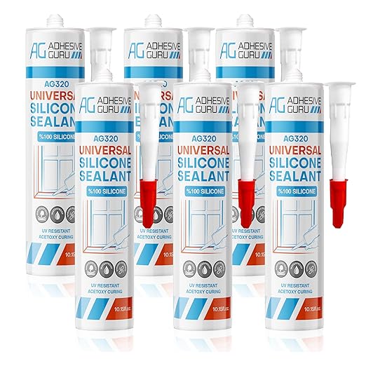 Adhesive Guru All Purpose Clear Silicone Sealant Waterproof (6 x 10.15 fl.oz.), 100% Silicone Caulk, Weatherproof & Flexible Adhesive Sealant for Indoor and Outdoor Use,Transparent - 6 Pack