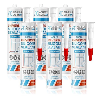 Adhesive Guru All Purpose Clear Silicone Sealant Waterproof (6 x 10.15 fl.oz.), 100% Silicone Caulk, Weatherproof & Flexible Adhesive Sealant for Indoor and Outdoor Use,Transparent - 6 Pack