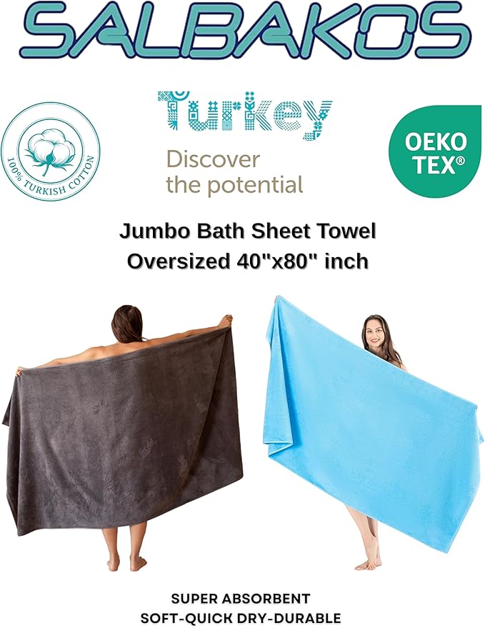 SALBAKOS 100% Turkish Cotton Jumbo Bath Sheet Towel Oversized 40x80 inch | Premium Hotel & Spa Quality, Soft, Absorbent, XL Bath Towels | Made in Turkey (Pack of 1, Black, Jumbo Bath Sheet)