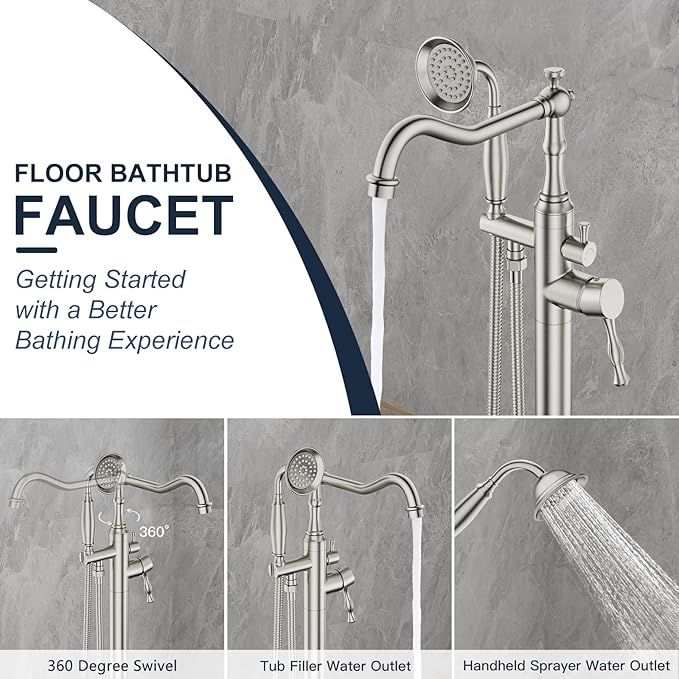 Brushed Nickel Bathtub Faucet Freestanding Tub Filler High Pressure Single Handle Bathtub Filler Floor Mounted Brass Bathroom Tub Faucets with Handheld Shower