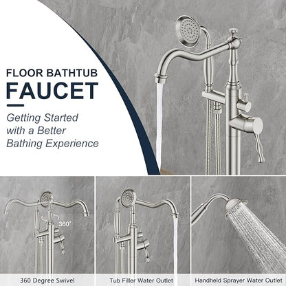 Brushed Nickel Bathtub Faucet Freestanding Tub Filler High Pressure Single Handle Bathtub Filler Floor Mounted Brass Bathroom Tub Faucets with Handheld Shower