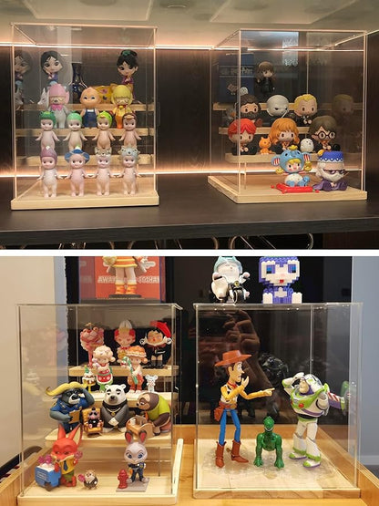 Choowin 4 Tier Small Clear Acrylic Display Case for Collectibles, Mini Figures, Pop Mart, Labubu, Sonny Angel, Smiski - Assemble Dustproof Acrylic Display Box with Door, Stand (Wood Base Step)