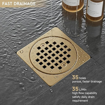 Yaseingo Removable Square Shower Floor Drain Compatible with Schluter Kerdi Drain Flange, 4 Inch Drain Grate Kit SS304 Stainless Steel and ABS Material - CUPC Certification, Champagne Bronze