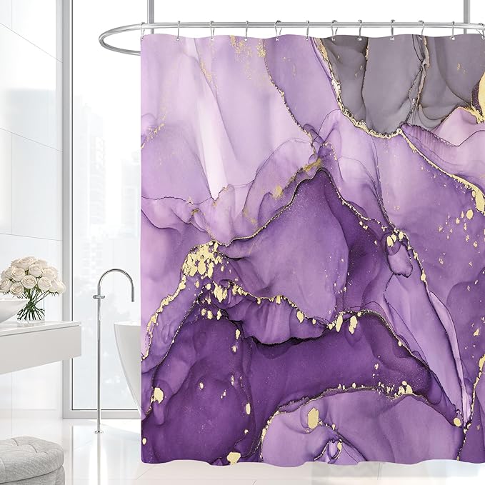 Extra Long Shower Curtain 72 x 84 Inch, Purple Tall Abstract Marble Shower Curtains for Bathroom, Modern Luxury Art Decor Ink Texture Fabric Shower Curtain Set with Hooks