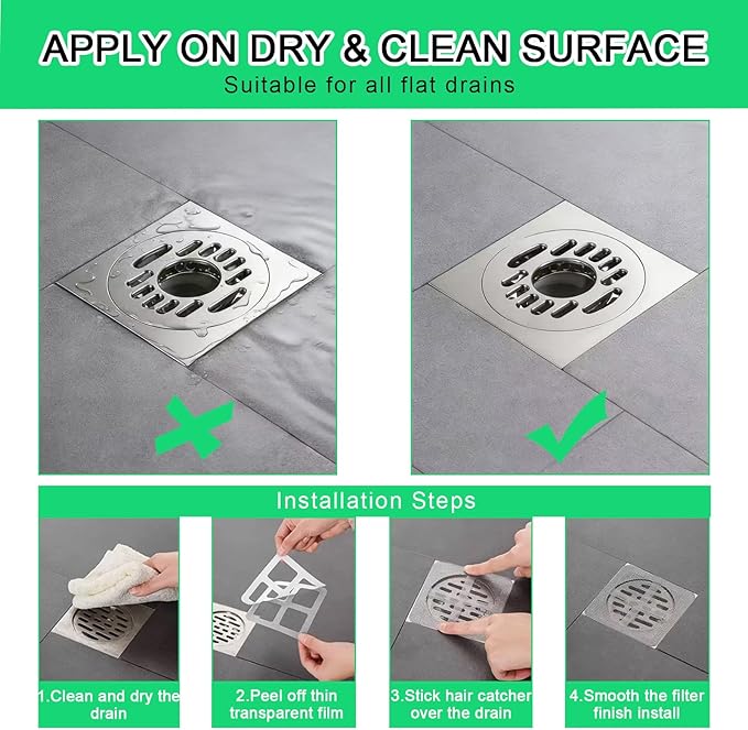 60 Pack Disposable Shower Drain Hair Catcher Mesh Stickers, Square 3.93 Inches, Suitable for Drain Strainers in Bathrooms, Bathtubs, Kitchen Sinks, Washbasins.