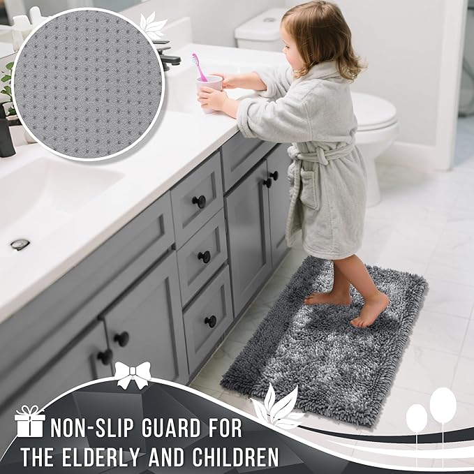 Yimobra Chenille Bathroom Rugs Non Slip, Extra Thick Soft Absorbent Bath Rug, Machine Washable Quick Dry Bath Mat for Bathroom Floor, Tub and Shower, Home Decor Accessories, 24x17, Silver