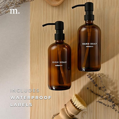 MaisoNovo Soap Dispenser 2-Piece Set | 16.9oz Amber Bottles with Black Stainless Steel Pumps