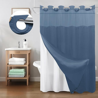 Inhousolu Extra Long No Hook Shower Curtain with Snap in Fabric Liner Set Waffle Weave 230GSM Weighted Hem, Waterproof & Washable Bathroom Curtain Spa with Mesh Top Window 72" W*84" L Moonlight Blue