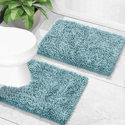 Yimobra Toilet Rugs U Shaped Washable, Extra Thick Soft Absorbent Chenille Contour Bathroom Rugs for Toilet 24x20 Inch, Quick Dry Non Slip Toilet Mat for Bath Floor, Greyish Blue