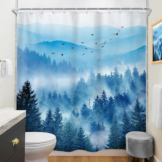 Riyidecor Navy Blue Mountain Shower Curtain 72Wx96H Inch Extra Long Nature Woodland Scenery Park Scene View Foggy Pine Tree Alpine Cool Mens Bathroom Decor Fabric Polyester Waterproof 12 Pack Hooks