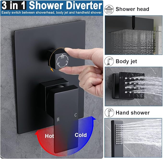 Enga Matte Black Rain Shower System with 4 Body Jets 12inch Wall Mount Rainfall Shower, All Metal Multi Shower Head System with Rough-in Valve