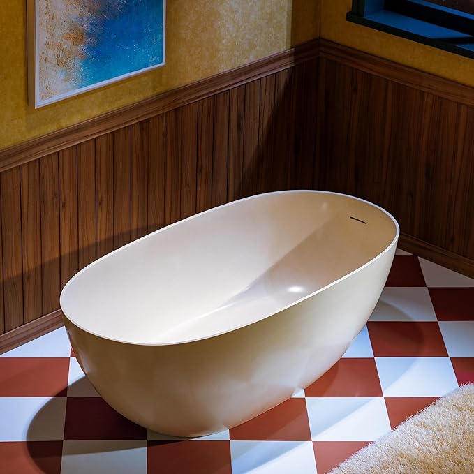 WOODBRIDGE 61-1/4" L x 30-3/4" W Stone Resin Luxury Contemporary Solid Surface Freestanding Soaking Bathtub in Cream with Two Drain Covers Included