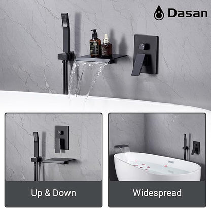 Upgraded Wall Mount Tub Filler Faucet with Handheld Shower, DASAN Modern Wall Mounted Bathtub Faucet Matte Black High Flow Waterfall Tub Faucet with Rough in Valve, SA-TF04WH-MB