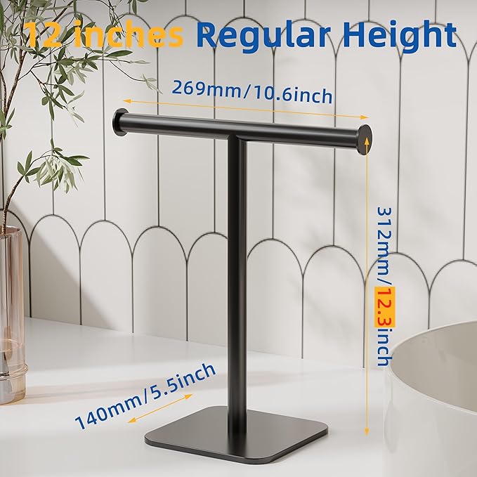 RUACQ T-Shape Hand Towel Holder Stand, Weighted Base Towel Rack, Countertop Towel Holder for Bathroom, 304 Stainless Steel, Heavy Duty (Matte Black)