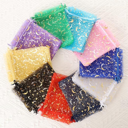 Hopttreely 100 Pieces Moon Star Organza Bags, Mixed Color 4x4.72(10X12CM) Satin Drawstring Organza Pouch Wedding Party Favor Gift Bag Jewelry Watch Bags