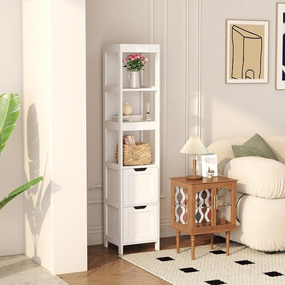HOMEFORT Bathroom Storage Cabinet, Slim Tall Cabinet, Narrow Floor Cabinet Organizer, Wooden Linen Tower with 2 Drawers and 3 Shelves, Freestanding Cupboard White