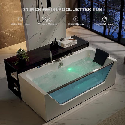 Empava Acrylic Whirlpool Bathtub, 71-Inch Jetted Bathtub with Heater, 10 Jets Hydromassage with Chromatherapy, 3-Side Apron with LED Control Panel, Waterfall, Brushed Nickel Hardware and Nozzle