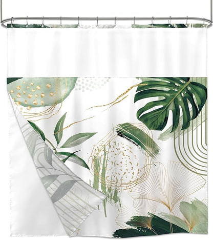 Sage Green Boho Shower Curtain 72Wx72H with Snap in Liner Mid Century Modern Abstract Gold Olive Tropical Palm Leaf Bathroom Decor Simple Geometric Bath Curtain Fabric Polyester 12 Pack Hooks