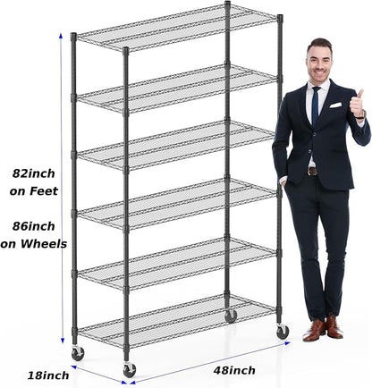 Homdox Heavy Duty Storage Shelves, 6 Tier Wire Shelving Unit with Wheels, Commercial Adjustable Metal Shelves for Storage, Garage Rack Pantry Shelves Kitchen Shelving, 18"x48"x82", Black
